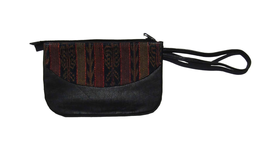 Upcycled leather clutch with colorful Mayan fabrics