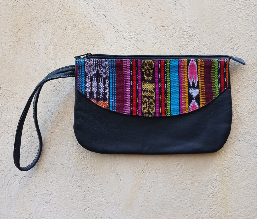 Upcycled leather clutch with colorful Mayan fabrics