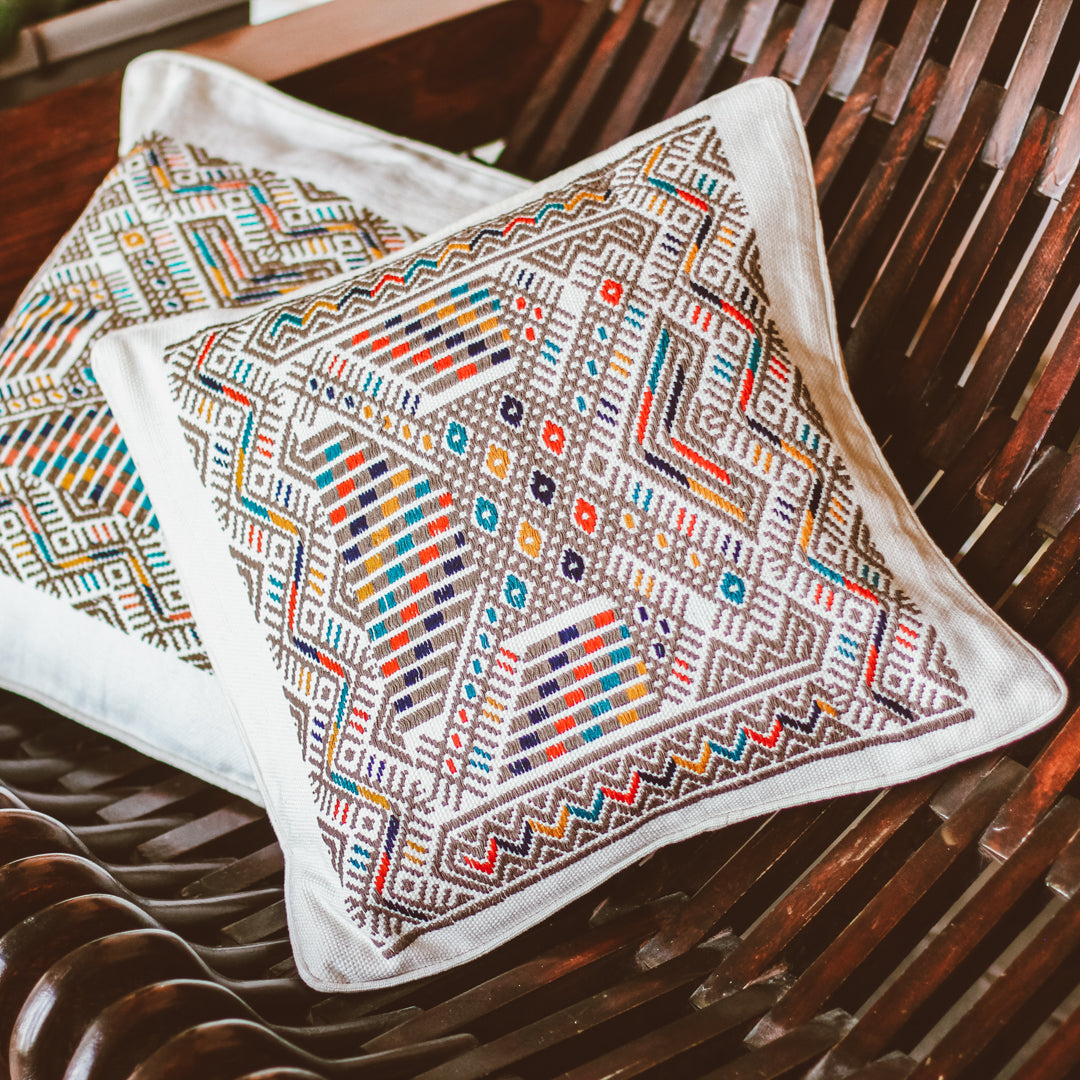 Handwoven Cushion Cover - White with Colorful Mayan Artistry