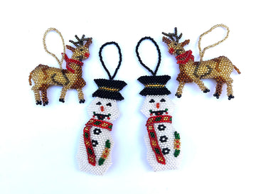 Hand-Beaded Christmas Tree Snowman & Reindeer Set