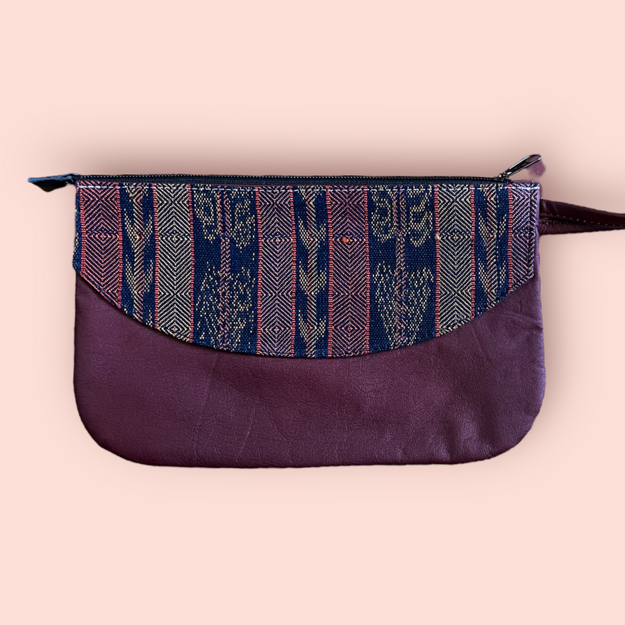 Upcycled leather clutch with colorful Mayan fabrics