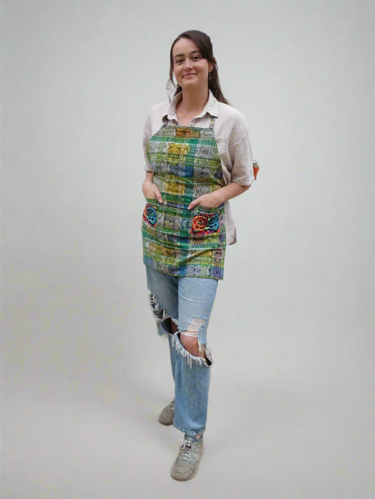 Handmade Cotton Apron with Upcycled Mayan Textile Details