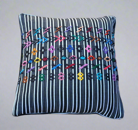 Striped Handwoven Mayan Cushion Cover – Embroidered Cotton Pillowcase (16 x 16 in)